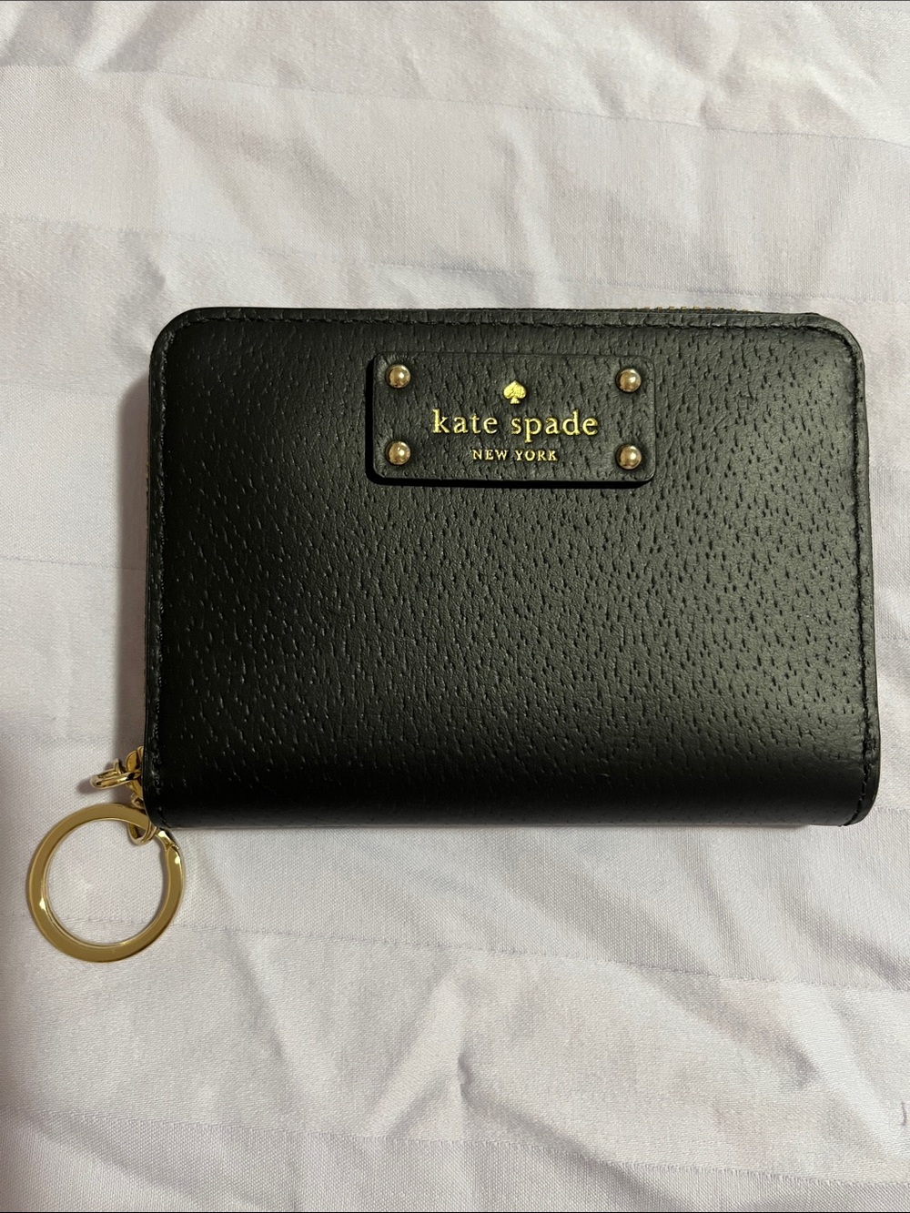 kate spade Black Leather Zip Card Holder with Gold Key Ring